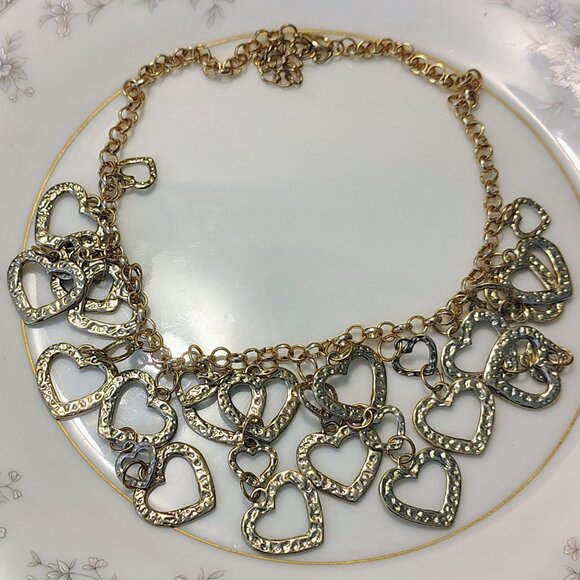 Vtg Y2K Multi-Layer Gold-Tone Necklace Hammered Heart Charms Lots of Love - Picture 2 of 6